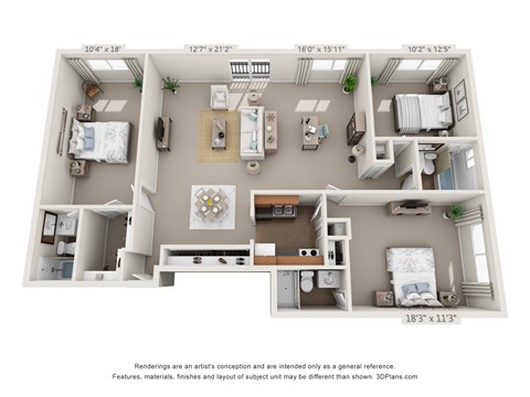Floor plan for 3 beds, 3 baths, 1317 sqft